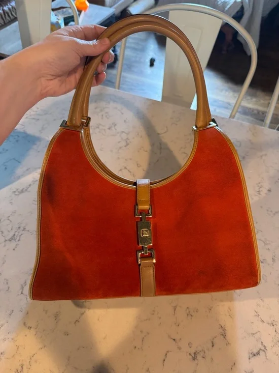 RARE GUCCI Vintage Red Orange Suede Jackie Bag Top-Handle Shoulder Bag - Picture 7 of 16